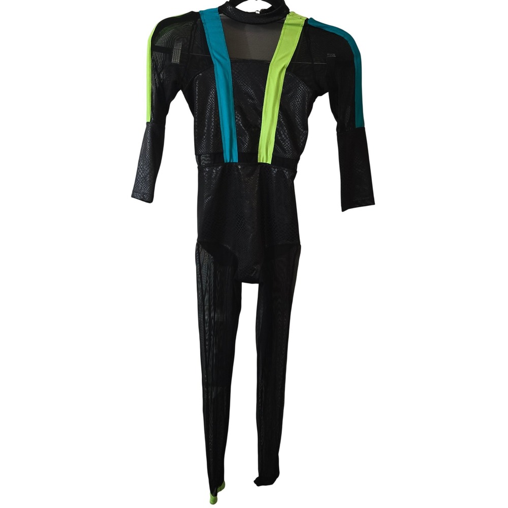 Revolution Dancewear‎ Black Snakeskin Mesh Unitard Costume Neon Blue Green LC